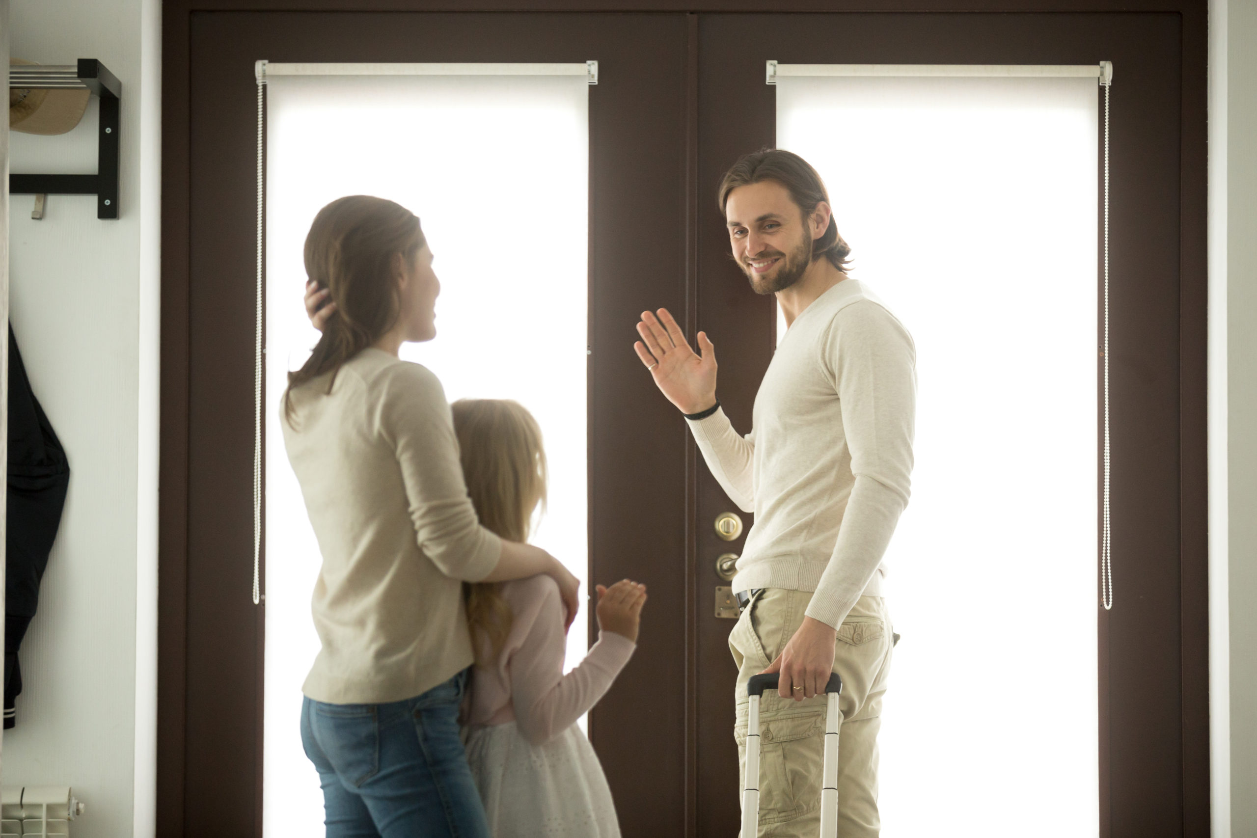 Father leaving marital residence after visiting his daughter.